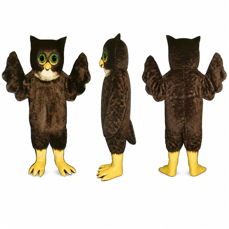 Owl Mascot Costume in Dark Brown with Green Eyes Adult