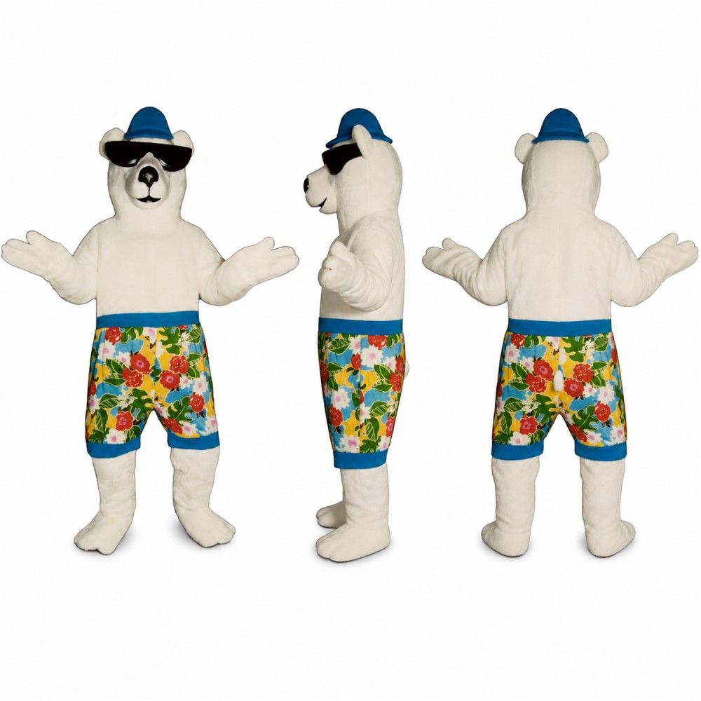 Polar Bear Mascot Costume with Sunglasses Cap and Floral Shorts Adult Polar Bear Mascot Costume with Sunglasses Cap and Floral Shorts Adult