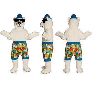 Polar Bear Mascot Costume with Sunglasses Cap and Floral Shorts Adult