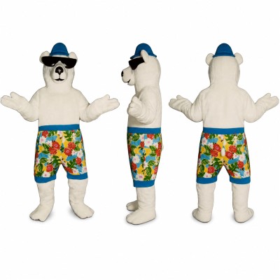 Polar Bear Mascot Costume with Sunglasses Cap and Floral Shorts Adult