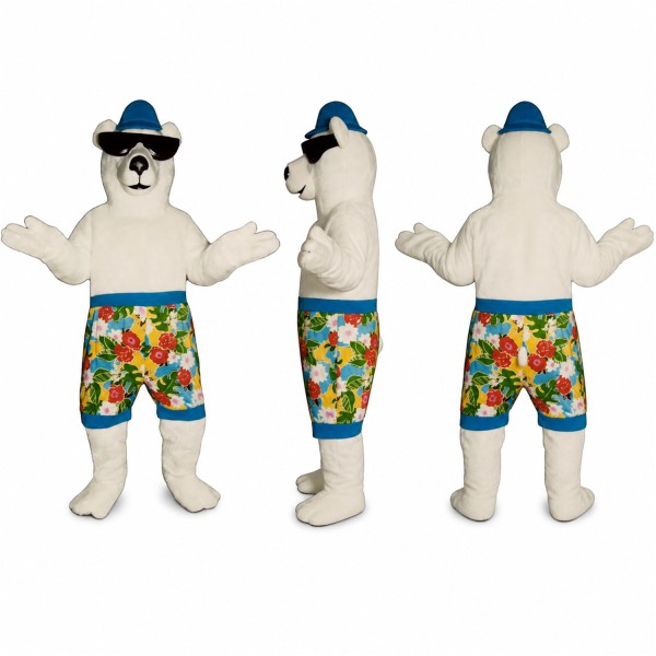 Polar Bear Mascot Costume with Sunglasses Cap and Floral Shorts Adult