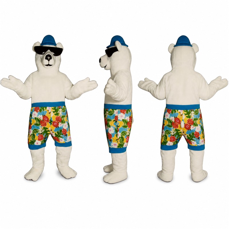 Polar Bear Mascot Costume with Sunglasses Cap and Floral Shorts Adult