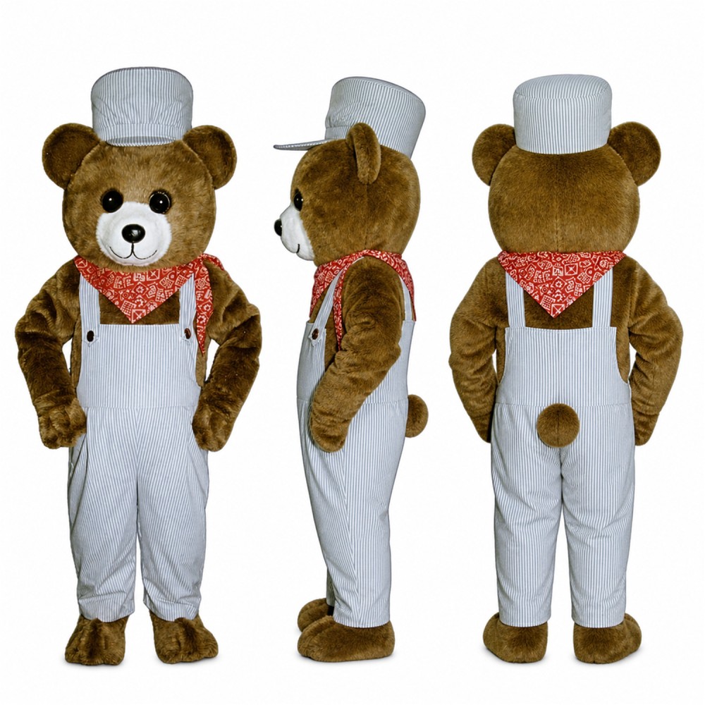 Farmer Teddy Bear Mascot Costume with Gray Overalls and Cap Adult Farmer Teddy Bear Mascot Costume with Gray Overalls and Cap Adult