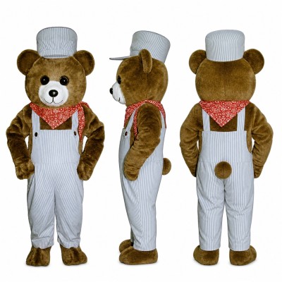 Farmer Teddy Bear Mascot Costume with Gray Overalls and Cap Adult