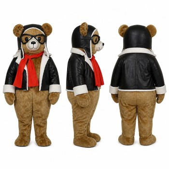 Aviator Teddy Bear Mascot Costume with Red Scarf and Goggles Adult