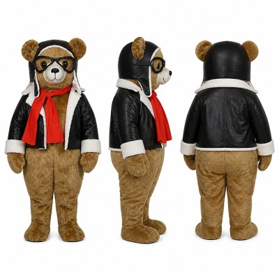 Aviator Teddy Bear Mascot Costume with Red Scarf and Goggles Adult