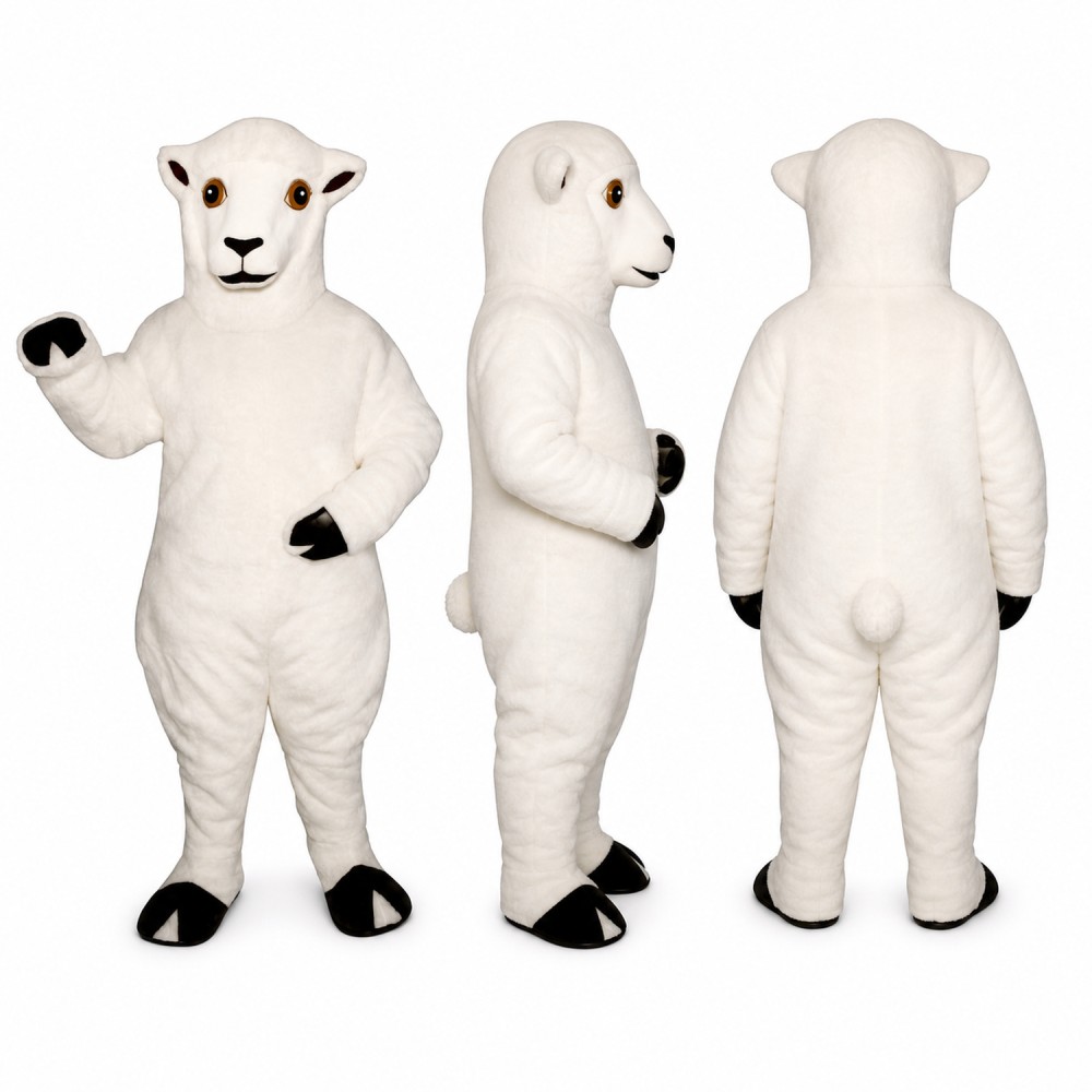 Sheep Mascot Costume in White with Black Hooves Adult