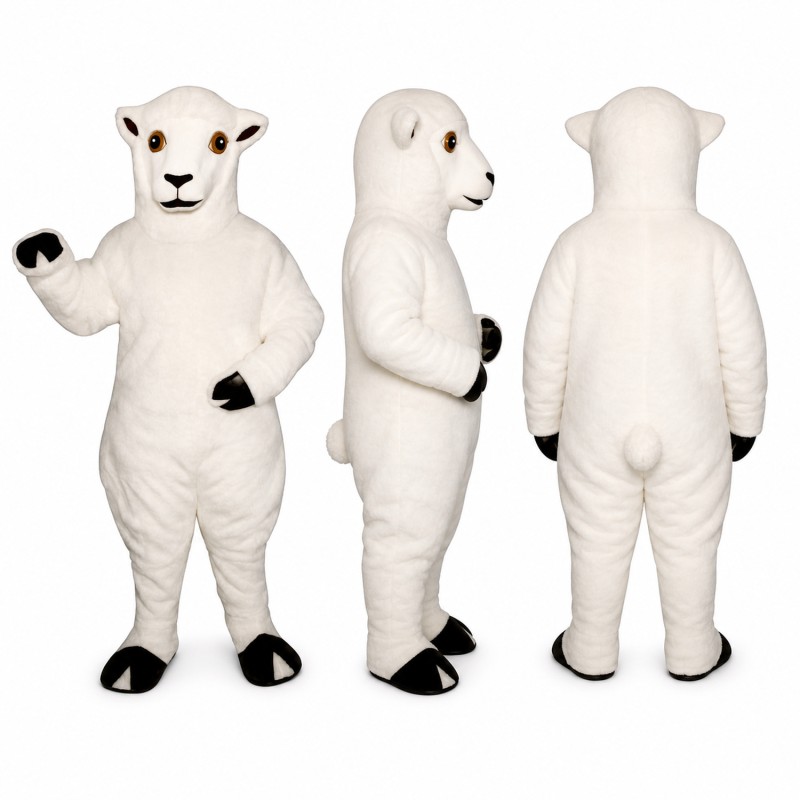Sheep Mascot Costume in White with Black Hooves Adult