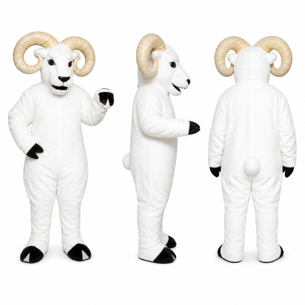 Ram Mascot Costume in White with Cream Curved Horns Adult