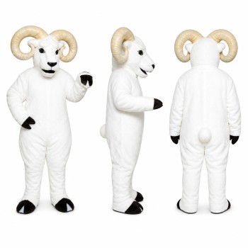 Ram Mascot Costume in White with Cream Curved Horns Adult