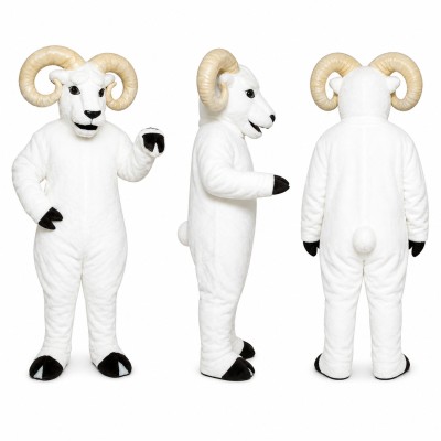 Ram Mascot Costume in White with Cream Curved Horns Adult