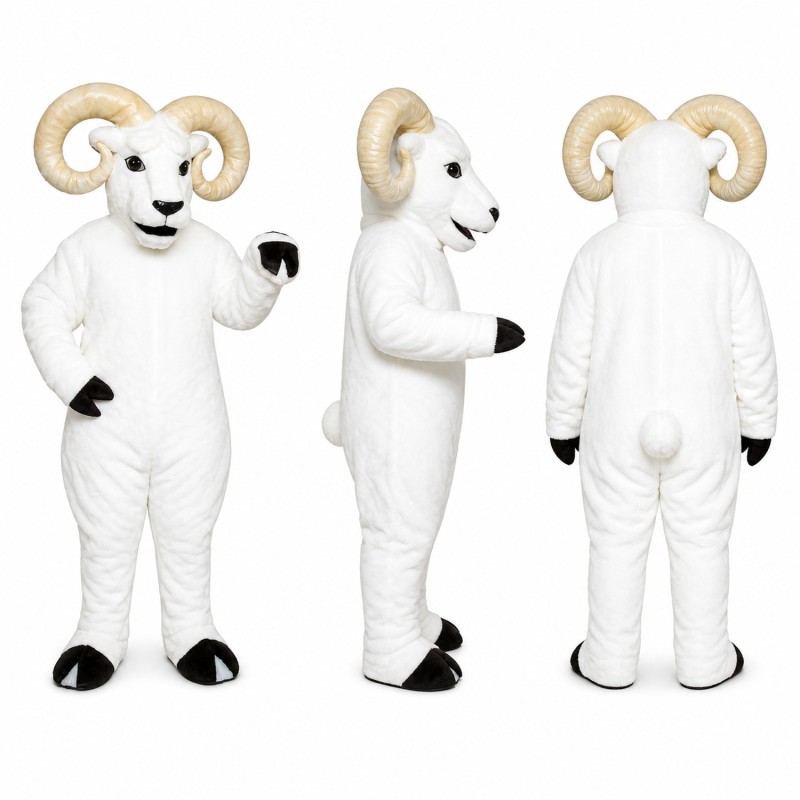 Ram Mascot Costume in White with Cream Curved Horns Adult