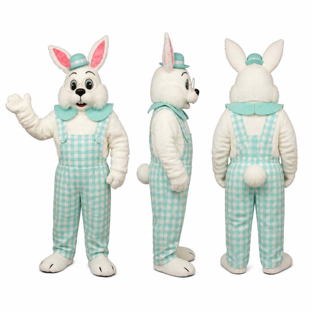 Rabbit Mascot Costume in White with Green Gingham Overalls Adult Rabbit Mascot Costume in White with Green Gingham Overalls Adult