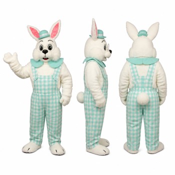 Rabbit Mascot Costume in White with Green Gingham Overalls Adult