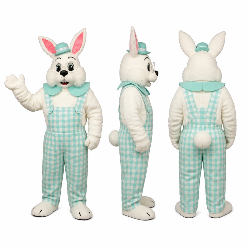 Rabbit Mascot Costume in White with Green Gingham Overalls Adult