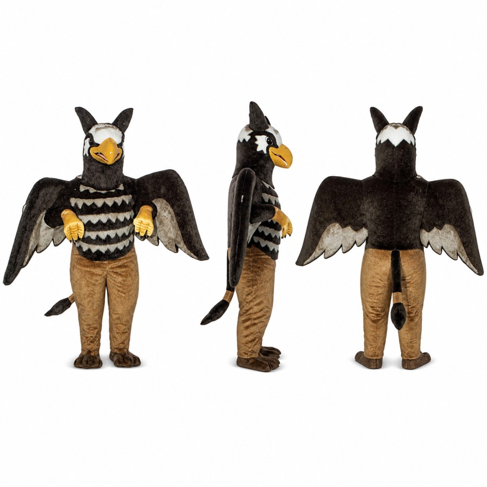 Hawk Mascot Costume with Black Wings and Striped Jersey Adult