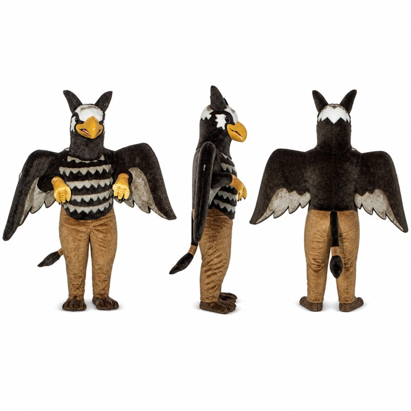 Hawk Mascot Costume with Black Wings and Striped Jersey Adult