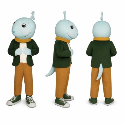 Shark Mascot Costume in Light Blue with Green Jacket Adult