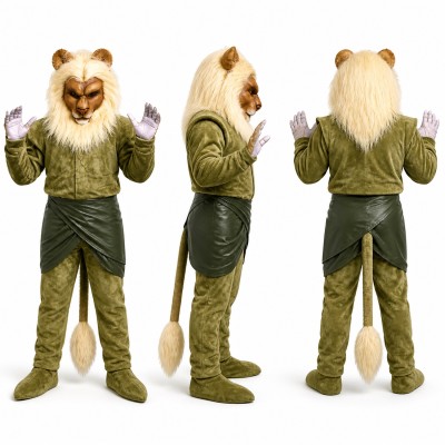 Lion Mascot Costume with Beige Mane and Green Outfit Adult