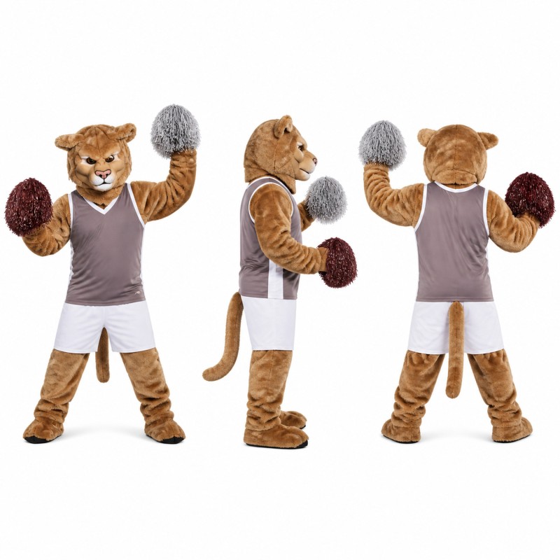 Cheetah Athlete Mascot Costume with Pom Poms and White Shorts Adult