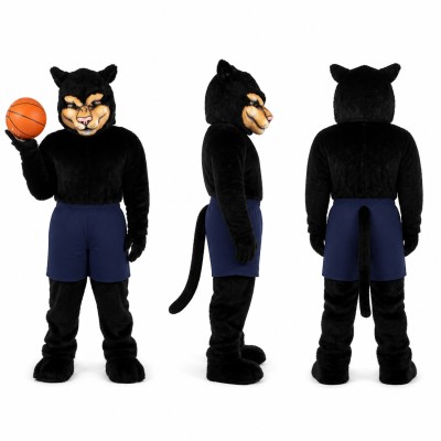 Panther Basketball Player Mascot Costume in Black with Navy Shorts Adult