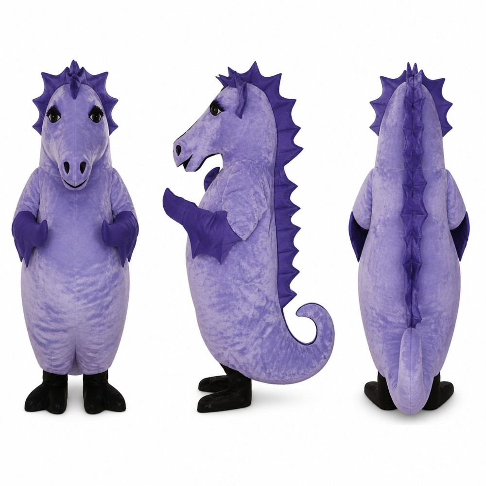Seahorse Mascot Costume in Purple with Dark Spikes Adult Seahorse Mascot Costume in Purple with Dark Spikes Adult