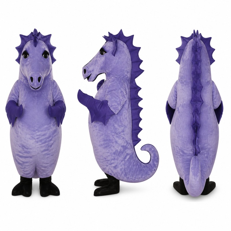 Seahorse Mascot Costume in Purple with Dark Spikes Adult