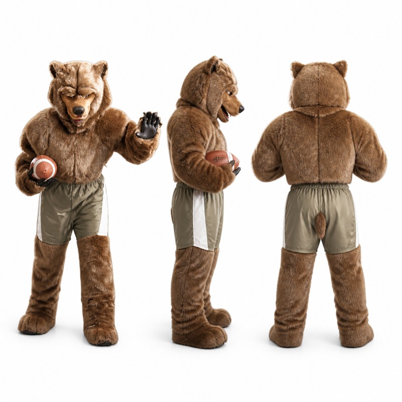 Bear Football Player Mascot Costume in Brown with Gray Shorts Adult