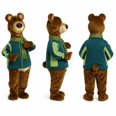 Bear Mascot Costume in Brown with Green Jacket Adult