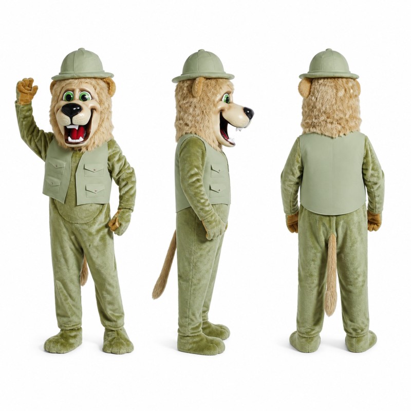 Lion Explorer Mascot Costume in Green Safari Outfit Adult