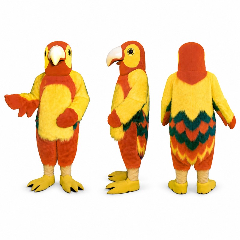 Parrot Mascot Costume in Yellow and Red with Orange Wings Adult