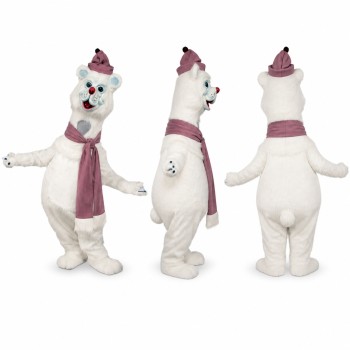 Polar Bear Mascot Costume with Pink Hat and Scarf Adult