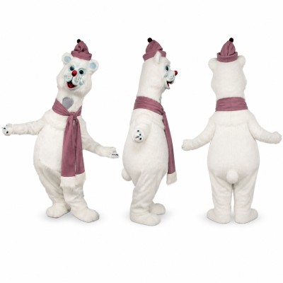 Polar Bear Mascot Costume with Pink Hat and Scarf Adult