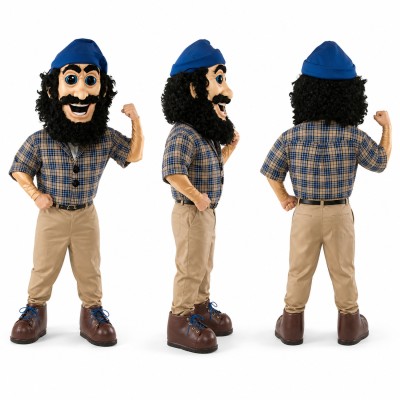 Lumberjack Mascot Costume with Blue Plaid Shirt and Black Beard Adult