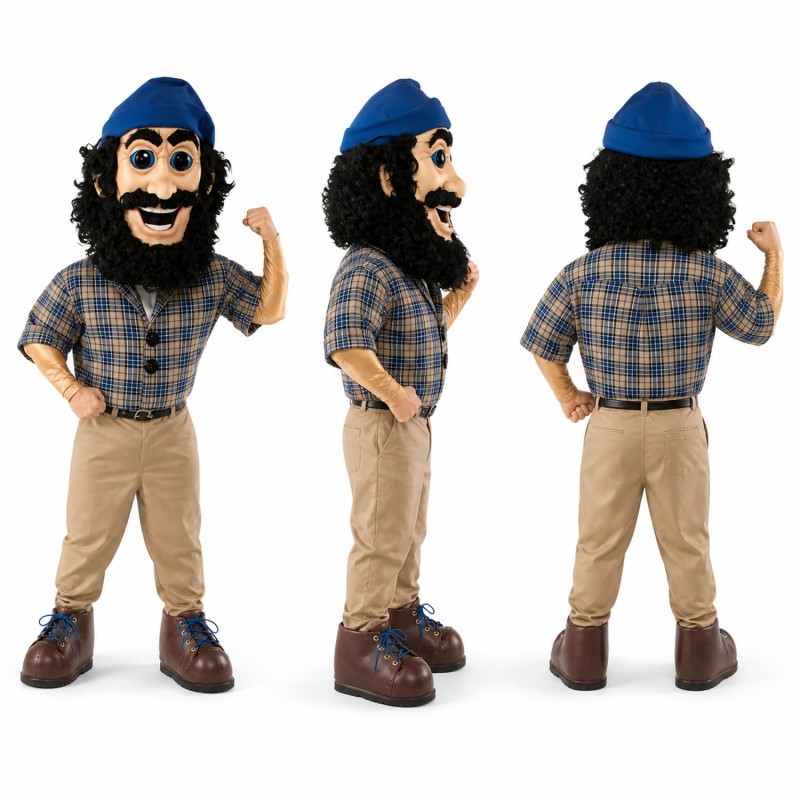Lumberjack Mascot Costume with Blue Plaid Shirt and Black Beard Adult