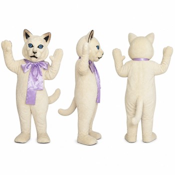 Cat Mascot Costume in White with Lavender Bow Adult
