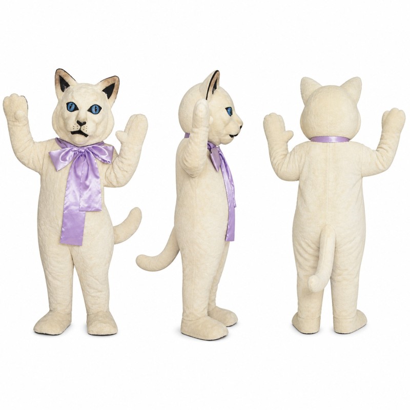 Cat Mascot Costume in White with Lavender Bow Adult