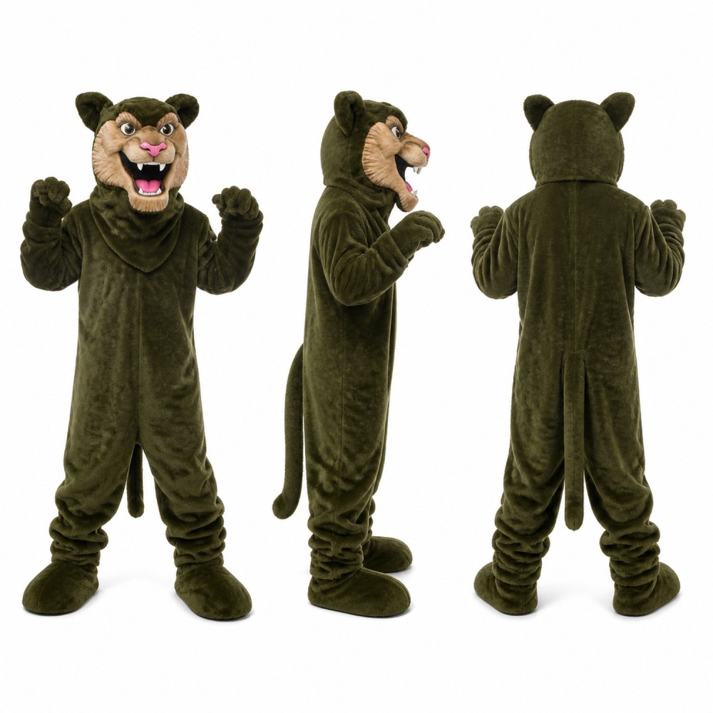 Panther Mascot Costume in Dark Olive with Open Mouth Adult Panther Mascot Costume in Dark Olive with Open Mouth Adult