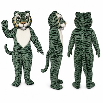 Tiger Mascot Costume in Gray Green with Dark Stripes Adult