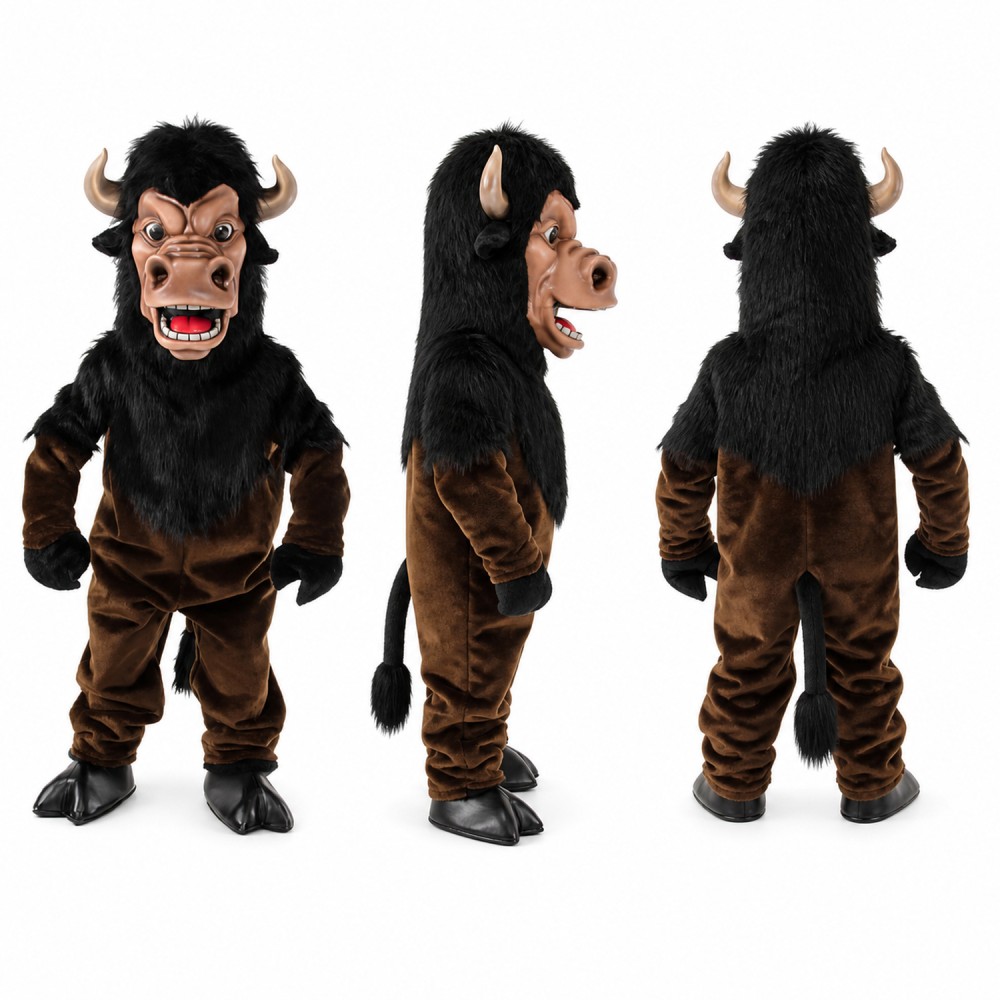 Minotaur Mascot Costume in Black and Brown with White Horns Adult