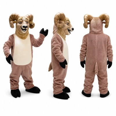 Ram Mascot Costume in Brown with Cream Belly and Horns Adult