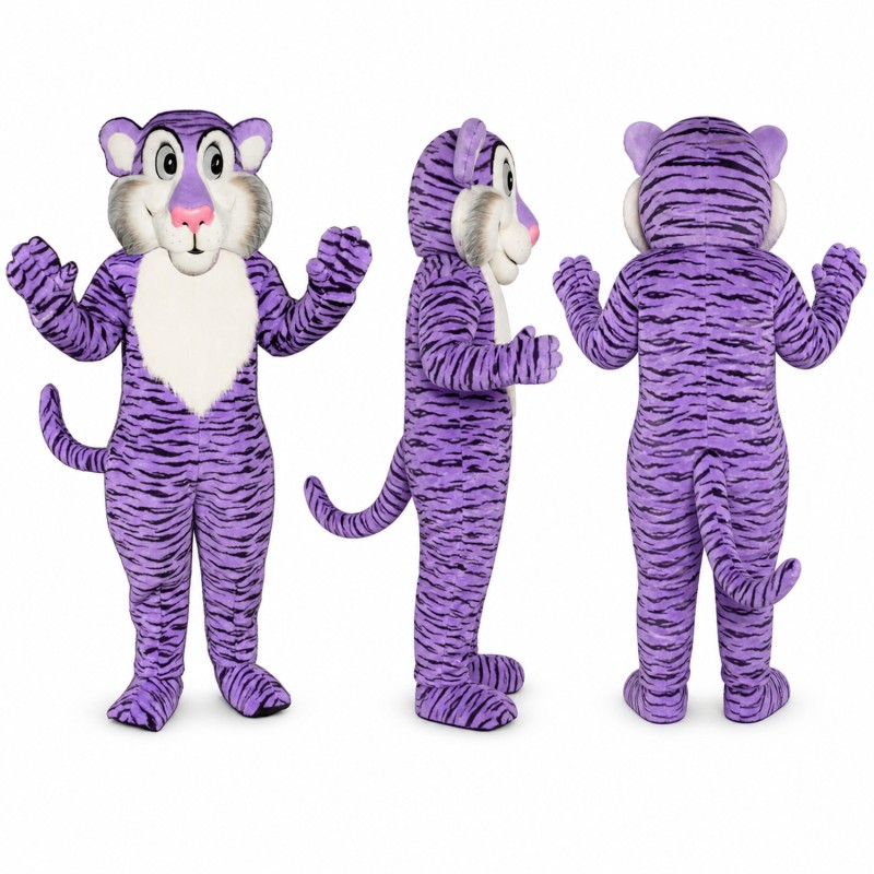Tiger Mascot Costume in Purple with Dark Stripes Adult