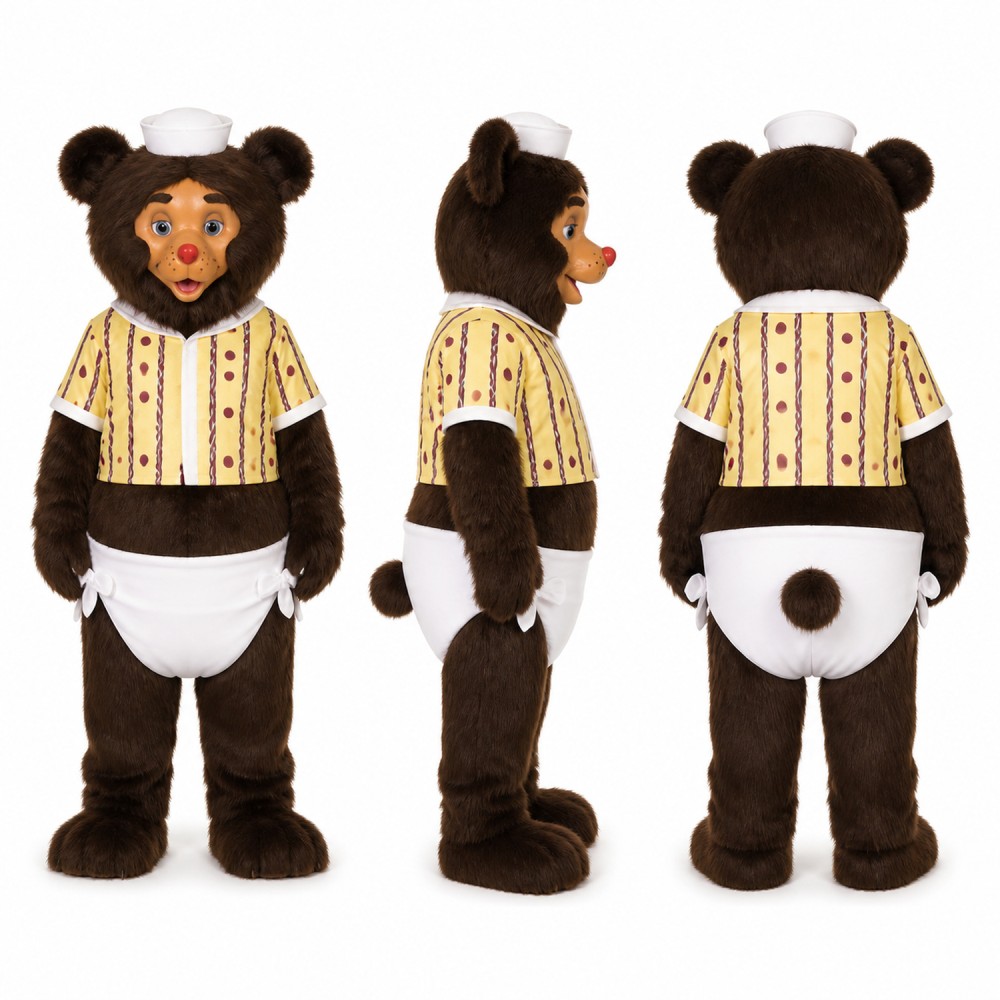 Baby Bear Mascot Costume in Brown with White Bonnet and Bib Adult Baby Bear Mascot Costume in Brown with White Bonnet and Bib Adult