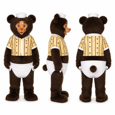 Baby Bear Mascot Costume in Brown with White Bonnet and Bib Adult