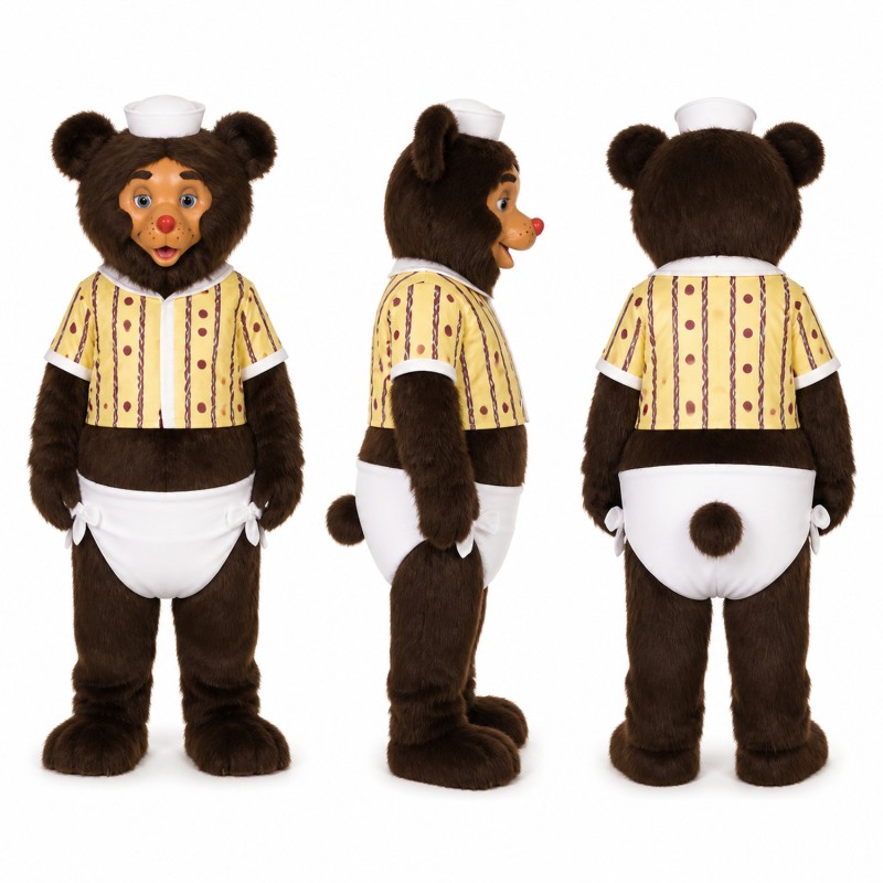 Baby Bear Mascot Costume in Brown with White Bonnet and Bib Adult