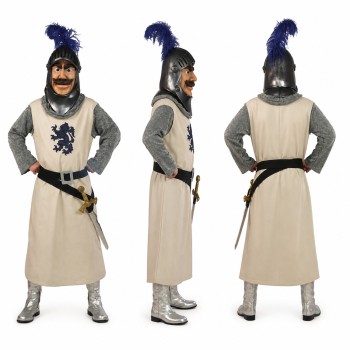 Medieval Knight Mascot Costume in Gray Armor with Blue Plume Adult