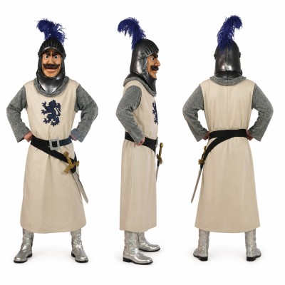 Medieval Knight Mascot Costume in Gray Armor with Blue Plume Adult