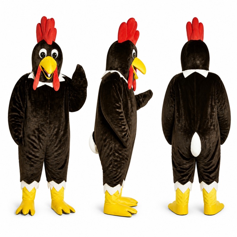 Rooster Mascot Costume in Black with Red Comb Adult