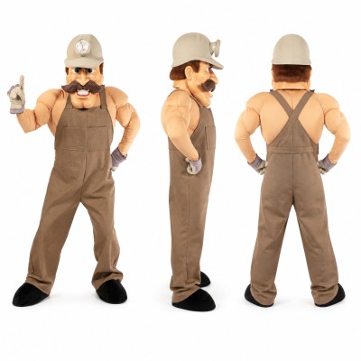 Construction Worker Mascot Costume in Brown Overalls with Hard Hat Adult