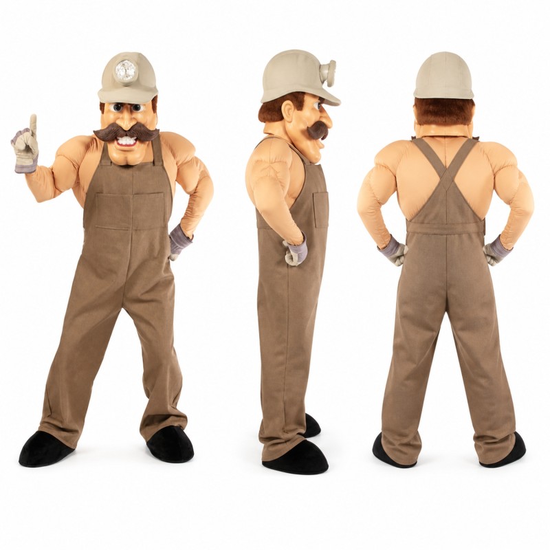 Construction Worker Mascot Costume in Brown Overalls with Hard Hat Adult